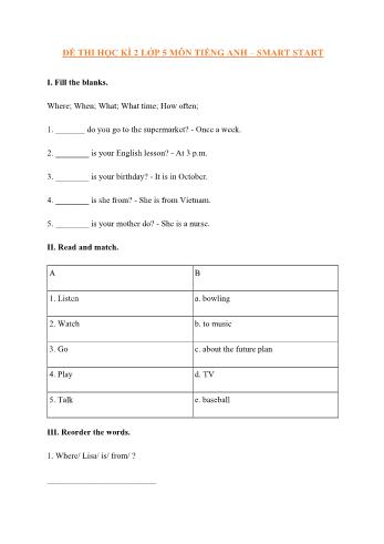 Đề thi học kì 2 Tiếng Anh Lớp 5 Sách Smart start (Có đáp án)