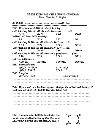 Đề thi khảo sát chất lượng cuối năm Toán Lớp 5 (Có đáp án)