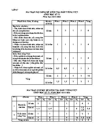 Kiểm tra cuối học kì 2 môn Tiếng Việt Lớp 5 - Năm học 2022-2023 (Có ma trận và hướng dẫn chấm)