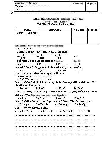 Kiểm tra cuối năm Toán Lớp 5 - Năm học 2022-2023