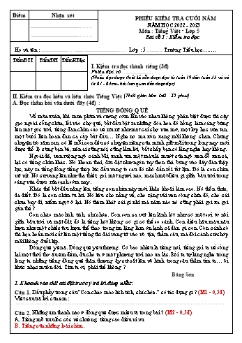 Phiếu kiểm tra cuối năm Tiếng Việt Lớp 5 - Bài số 1: Kiểm tra đọc - Năm học 2022-2023 (Có hướng dẫn chấm)