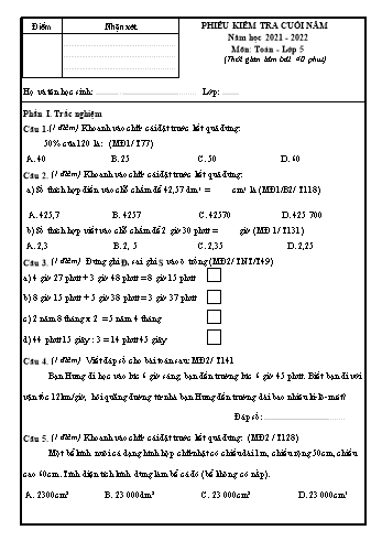 Phiếu kiểm tra cuối năm Toán Lớp 5 - Năm học 2021-2022 (Có ma trận và hướng dẫn chấm)