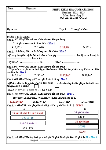 Phiếu kiểm tra cuối năm Toán Lớp 5 - Năm học 2022-2023 (Có ma trận và hướng dẫn chấm)