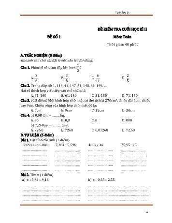 10 Đề kiểm tra cuối học kì 2 Toán Lớp 5 (Có đáp án)