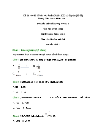 15 Đề khảo sát chất lượng học kì 1 Toán Lớp 5 - Năm học 2021-2022 (Có đáp án và hướng dẫn giải)