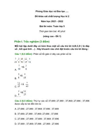 5 Đề khảo sát chất lượng học kì 2 Toán Lớp 5 - Năm học 2021-2022 (Có đáp án và thang điểm)