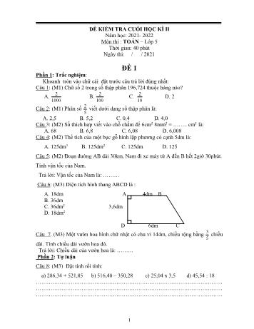 6 Đề thi học kì 2 Toán Lớp 5 (Có đáp án)