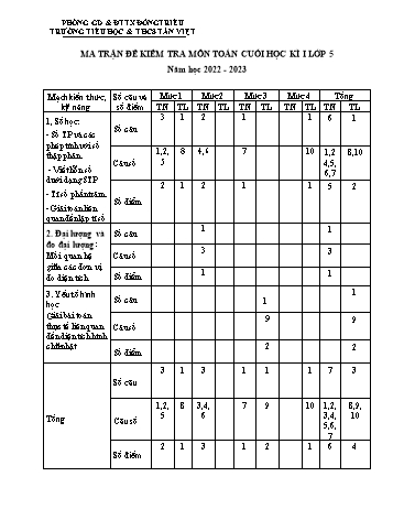 Bài kiểm tra cuối học kì 1 Toán Lớp 5 - Năm học 2022-2023 - Trường Tiểu học Tân Việt (Có ma trận và hướng dẫn chấm)