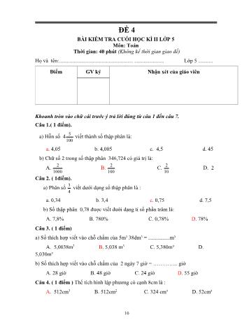 Bài kiểm tra cuối học kì 2 Toán Lớp 5 - Đề 4 (Có đáp án)