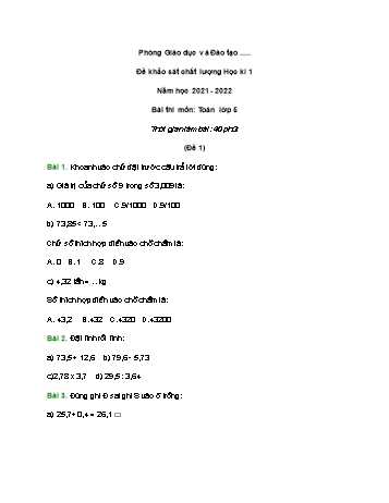 Đề khảo sát chất lượng học kì 1 Toán Lớp 5 - Đề 1 - Năm học 2021-2022 (Có đáp án và hướng dẫn giải)