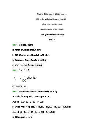 Đề khảo sát chất lượng học kì 1 Toán Lớp 5 - Đề 10 - Năm học 2021-2022 (Có đáp án và hướng dẫn giải)