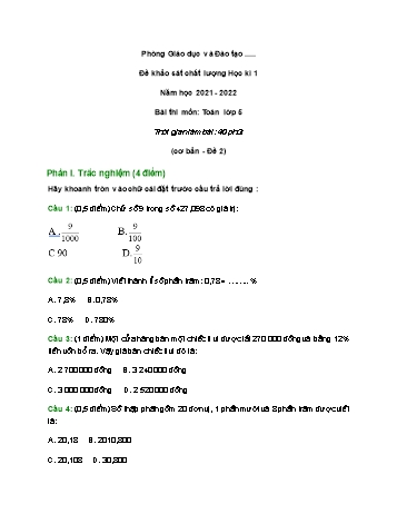 Đề khảo sát chất lượng học kì 1 Toán Lớp 5 - Đề 2 - Năm học 2021-2022 (Có đáp án và thang điểm)