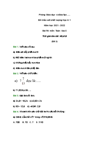 Đề khảo sát chất lượng học kì 1 Toán Lớp 5 - Đề 3 - Năm học 2021-2022 (Có đáp án và hướng dẫn giải)