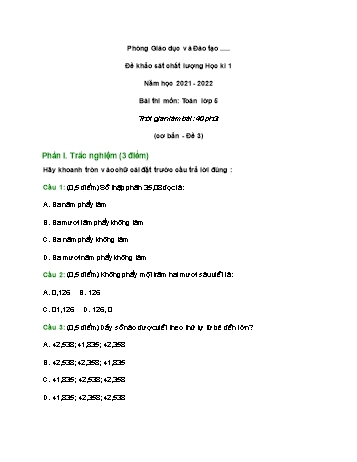 Đề khảo sát chất lượng học kì 1 Toán Lớp 5 - Đề 3 - Năm học 2021-2022 (Có đáp án và thang điểm)