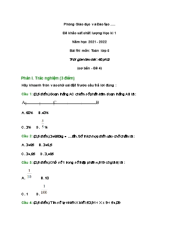 Đề khảo sát chất lượng học kì 1 Toán Lớp 5 - Đề 4 - Năm học 2021-2022 (Có đáp án và thang điểm)