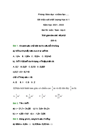 Đề khảo sát chất lượng học kì 1 Toán Lớp 5 - Đề 4 - Năm học 2021-2022 (Có đáp án và hướng dẫn giải)