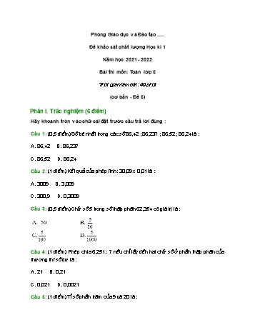 Đề khảo sát chất lượng học kì 1 Toán Lớp 5 - Đề 5 - Năm học 2021-2022 (Có đáp án và thang điểm)