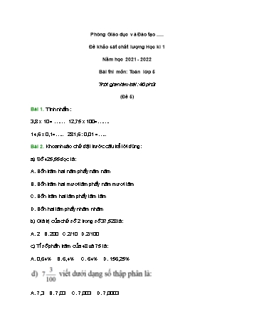 Đề khảo sát chất lượng học kì 1 Toán Lớp 5 - Đề 5 - Năm học 2021-2022 (Có đáp án và hướng dẫn giải)