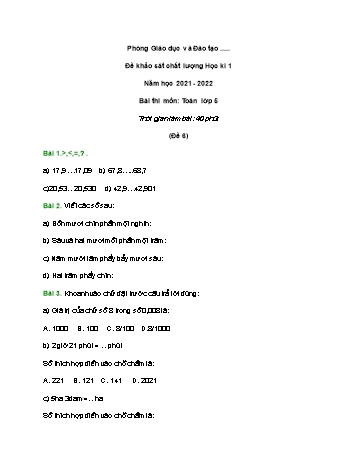 Đề khảo sát chất lượng học kì 1 Toán Lớp 5 - Đề 6 - Năm học 2021-2022 (Có đáp án và hướng dẫn giải)
