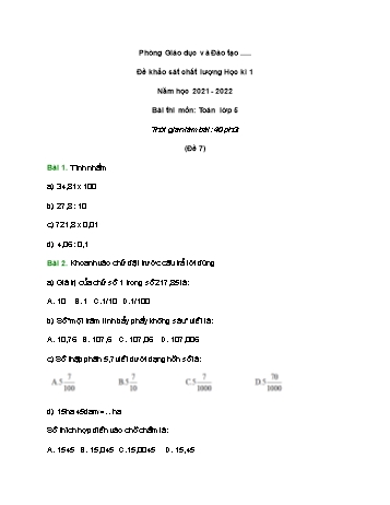 Đề khảo sát chất lượng học kì 1 Toán Lớp 5 - Đề 7 - Năm học 2021-2022 (Có đáp án và hướng dẫn giải)