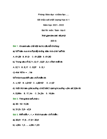 Đề khảo sát chất lượng học kì 1 Toán Lớp 5 - Đề 8 - Năm học 2021-2022 (Có đáp án và hướng dẫn giải)