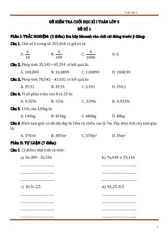 Đề kiểm tra cuối học kì 1 Toán Lớp 5 - Đề số 1 (Có đáp án)