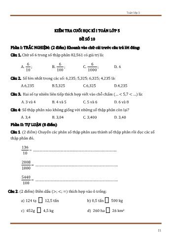 Đề kiểm tra cuối học kì 1 Toán Lớp 5 - Đề số 10 (Có đáp án)