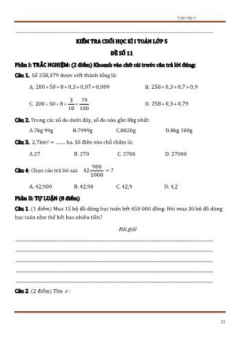 Đề kiểm tra cuối học kì 1 Toán Lớp 5 - Đề số 11 (Có đáp án)