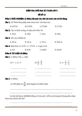 Đề kiểm tra cuối học kì 1 Toán Lớp 5 - Đề số 12 (Có đáp án)