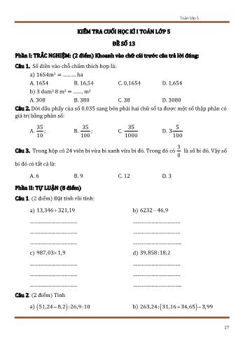 Đề kiểm tra cuối học kì 1 Toán Lớp 5 - Đề số 13 (Có đáp án)