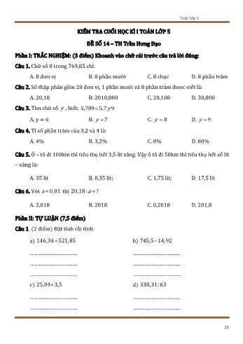 Đề kiểm tra cuối học kì 1 Toán Lớp 5 - Đề số 14 (Có đáp án)