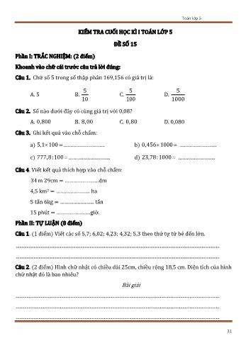 Đề kiểm tra cuối học kì 1 Toán Lớp 5 - Đề số 15 (Có đáp án)