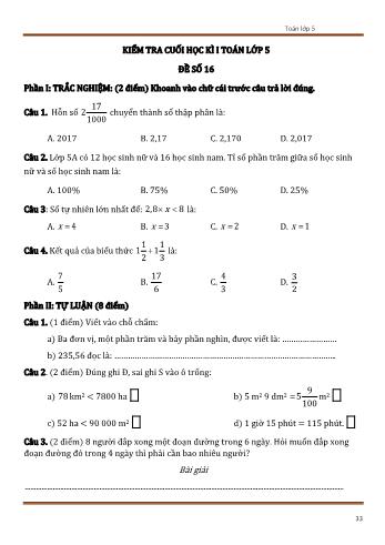 Đề kiểm tra cuối học kì 1 Toán Lớp 5 - Đề số 16 (Có đáp án)
