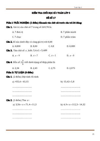 Đề kiểm tra cuối học kì 1 Toán Lớp 5 - Đề số 17 (Có đáp án)