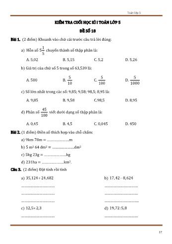 Đề kiểm tra cuối học kì 1 Toán Lớp 5 - Đề số 18 (Có đáp án)