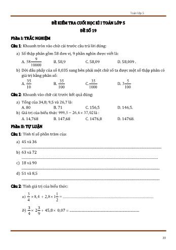 Đề kiểm tra cuối học kì 1 Toán Lớp 5 - Đề số 19 (Có đáp án)