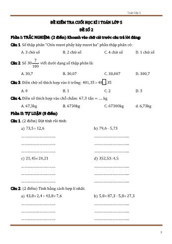 Đề kiểm tra cuối học kì 1 Toán Lớp 5 - Đề số 2 (Có đáp án)
