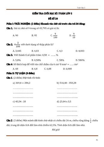 Đề kiểm tra cuối học kì 1 Toán Lớp 5 - Đề số 20 (Có đáp án)