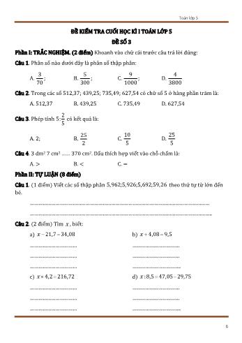 Đề kiểm tra cuối học kì 1 Toán Lớp 5 - Đề số 3 (Có đáp án)