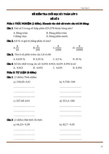 Đề kiểm tra cuối học kì 1 Toán Lớp 5 - Đề số 5 (Có đáp án)