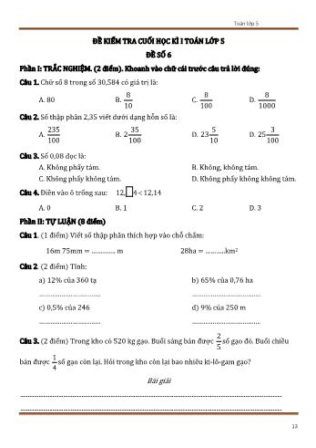 Đề kiểm tra cuối học kì 1 Toán Lớp 5 - Đề số 6 (Có đáp án)
