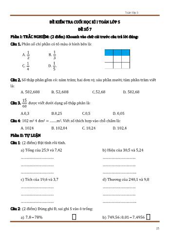 Đề kiểm tra cuối học kì 1 Toán Lớp 5 - Đề số 7 (Có đáp án)