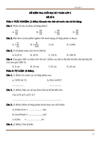 Đề kiểm tra cuối học kì 1 Toán Lớp 5 - Đề số 8 (Có đáp án)
