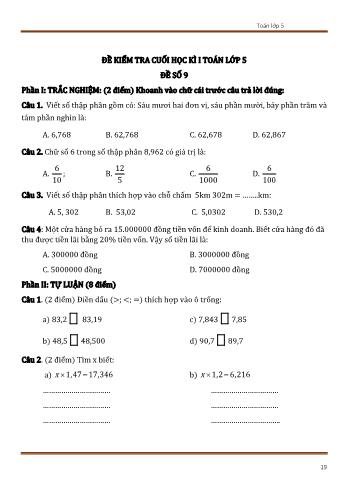 Đề kiểm tra cuối học kì 1 Toán Lớp 5 - Đề số 9 (Có đáp án)
