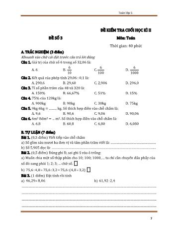 Đề kiểm tra cuối học kì 2 Toán Lớp 5 - Đề số 3 (Có đáp án)