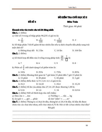 Đề kiểm tra cuối học kì 2 Toán Lớp 5 - Đề số 4 (Có đáp án)