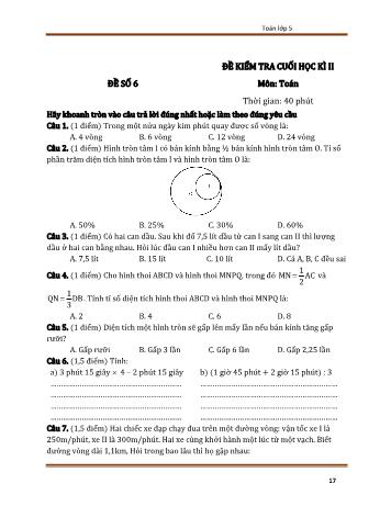 Đề kiểm tra cuối học kì 2 Toán Lớp 5 - Đề số 6 (Có đáp án)
