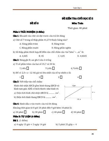 Đề kiểm tra cuối học kì 2 Toán Lớp 5 - Đề số 8 (Có đáp án)