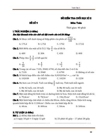 Đề kiểm tra cuối học kì 2 Toán Lớp 5 - Đề số 9 (Có đáp án)