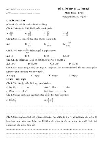 Đề kiểm tra giữa học kì 1 Toán Lớp 5 - Đề số 1 (Kèm hướng dẫn giải chi tiết)